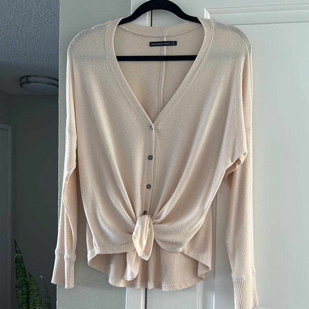 Abercrombie & Fitch Cream Long Sleeve Tie-Front Cardigan